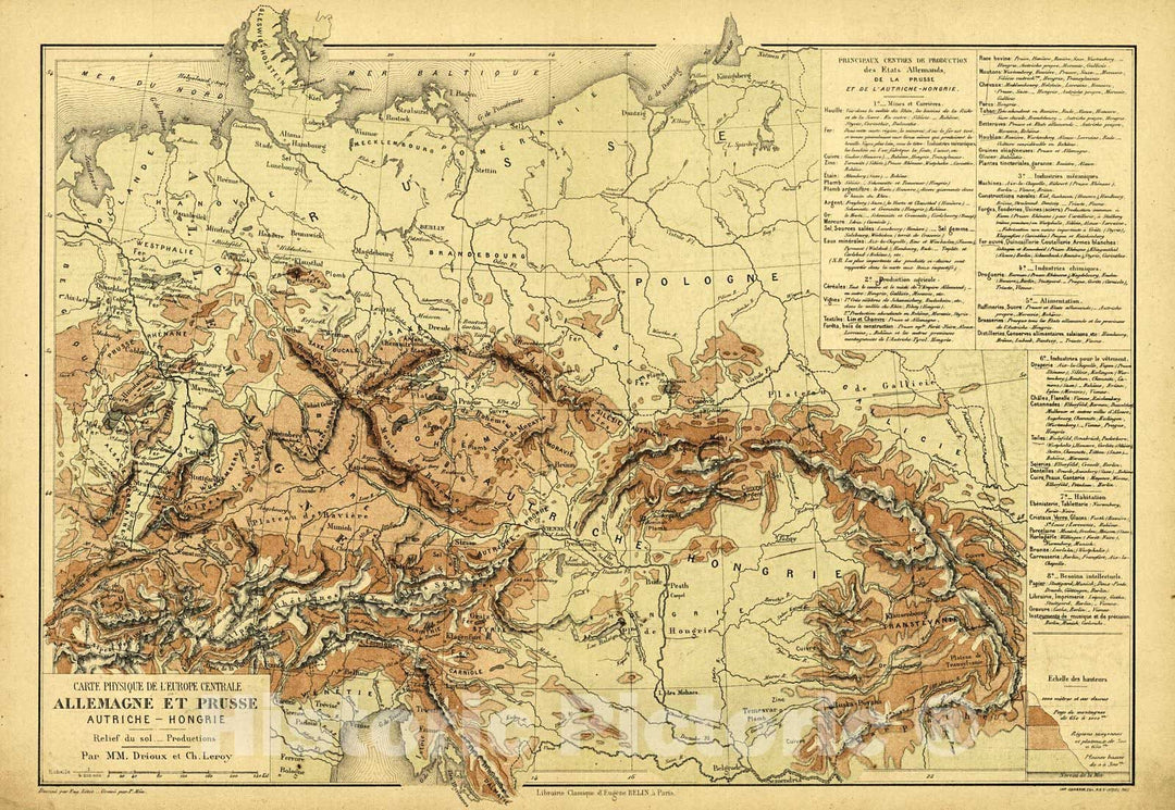 Historic Map : 1878 Carte Physique de L' Europe Centrale Allemagne et Prusse : Vintage Wall Art