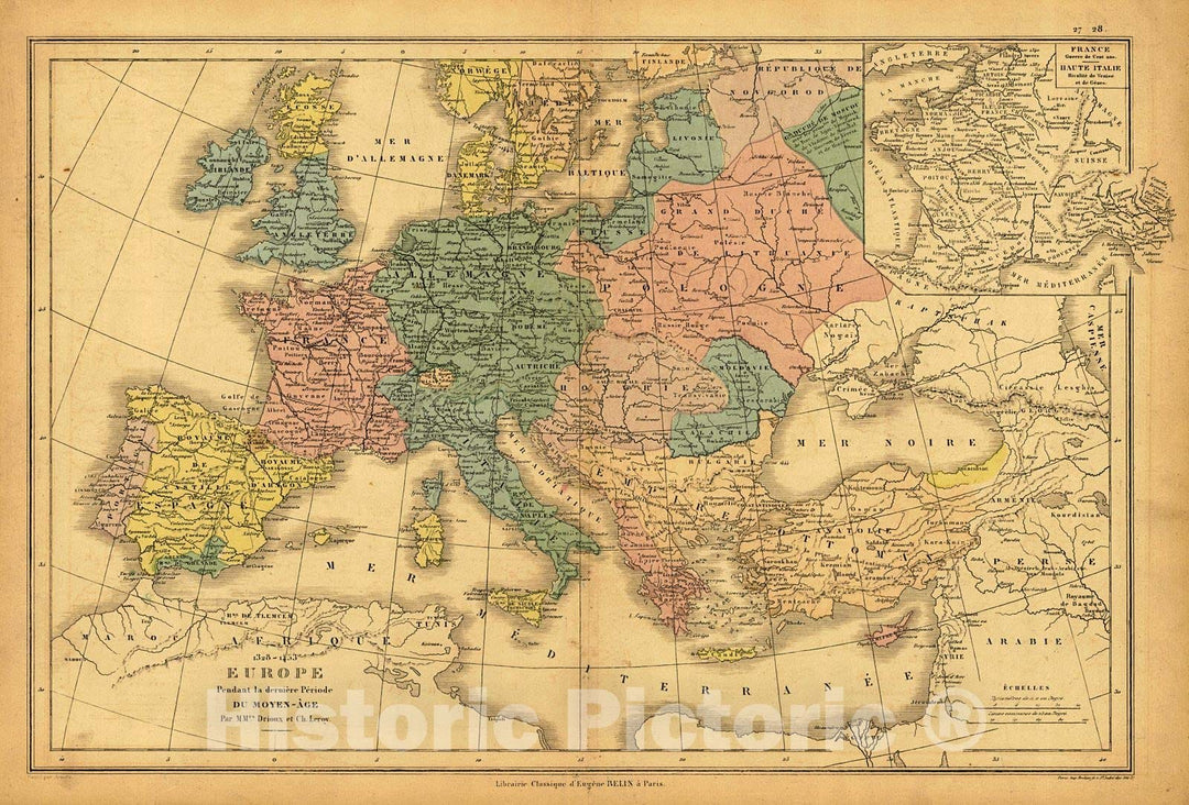 Historic Map : 1878 Europe Pendant la derniere Periode Du Moyen-Age : Vintage Wall Art