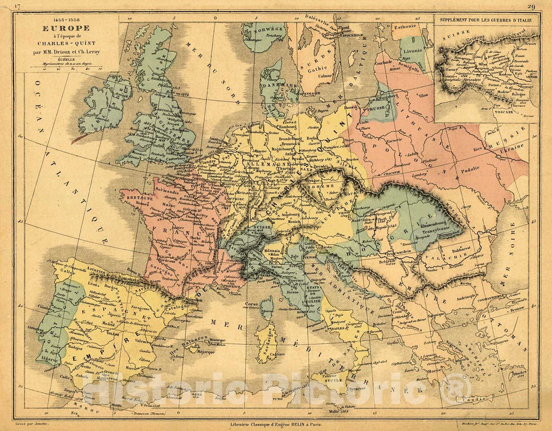 Historic Map : 1878 Europe &aacute; l' epoque de Charles-Quint : Vintage Wall Art