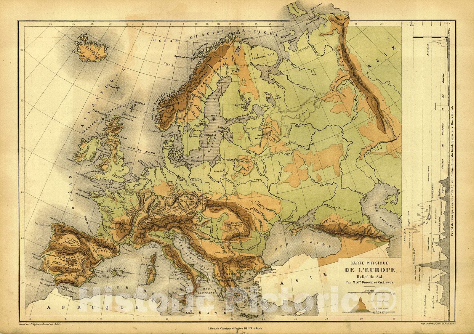 Historic Map : 1878 Carte Physique de L' Europe : Vintage Wall Art