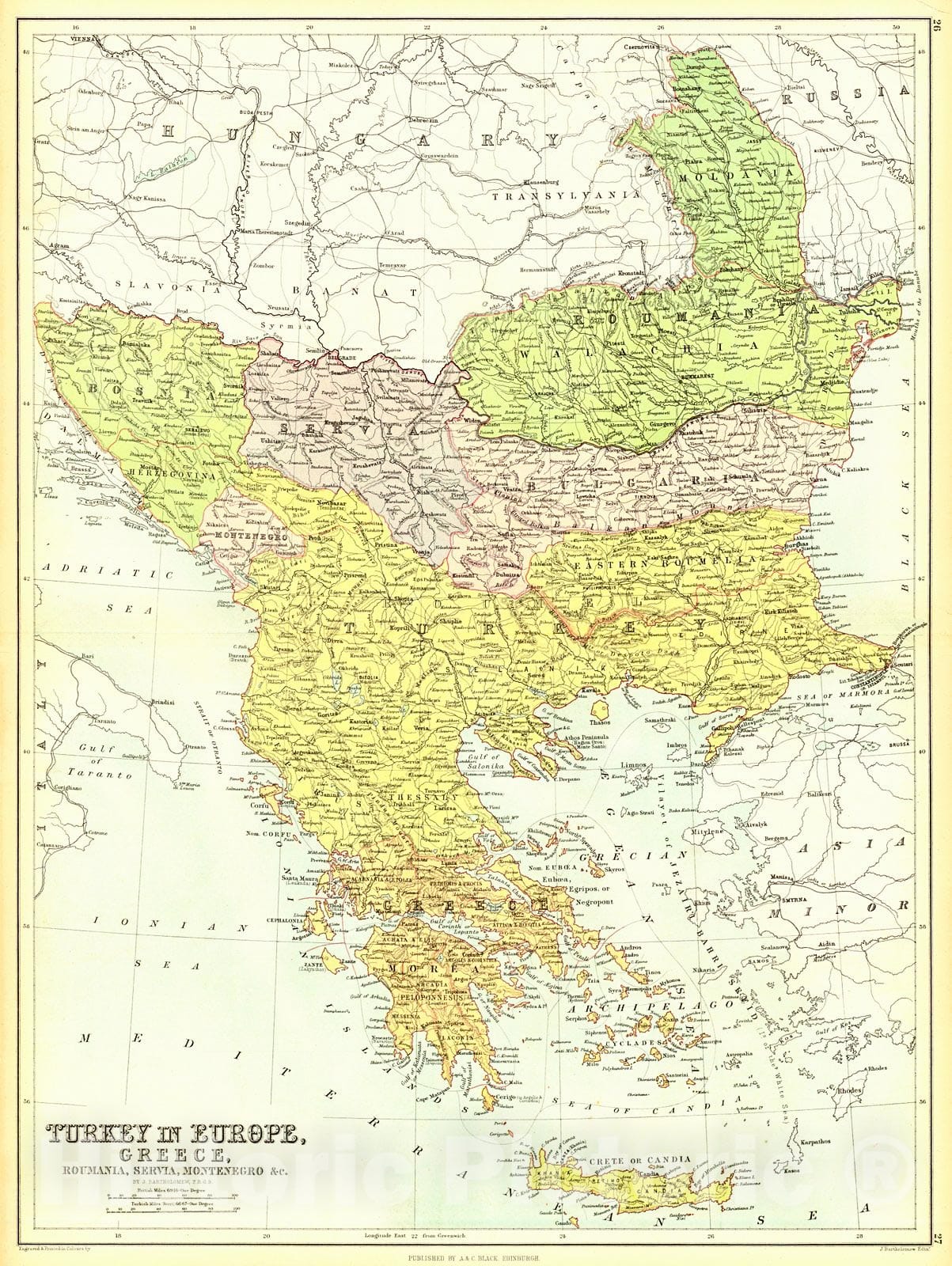 Historic Map : 1879 Turkey in Europe, Greece, Roumania, Servia, Montenegro : Vintage Wall Art