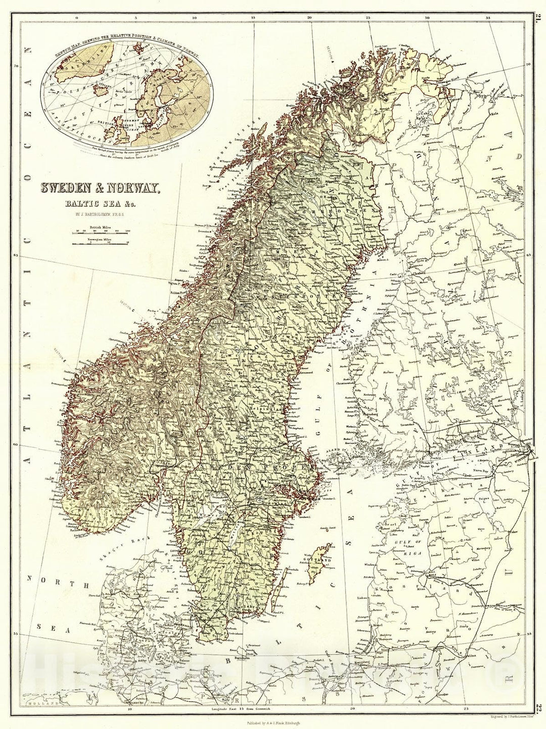 Historic Map : 1879 Sweden & Norway, Baltic Sea  : Vintage Wall Art