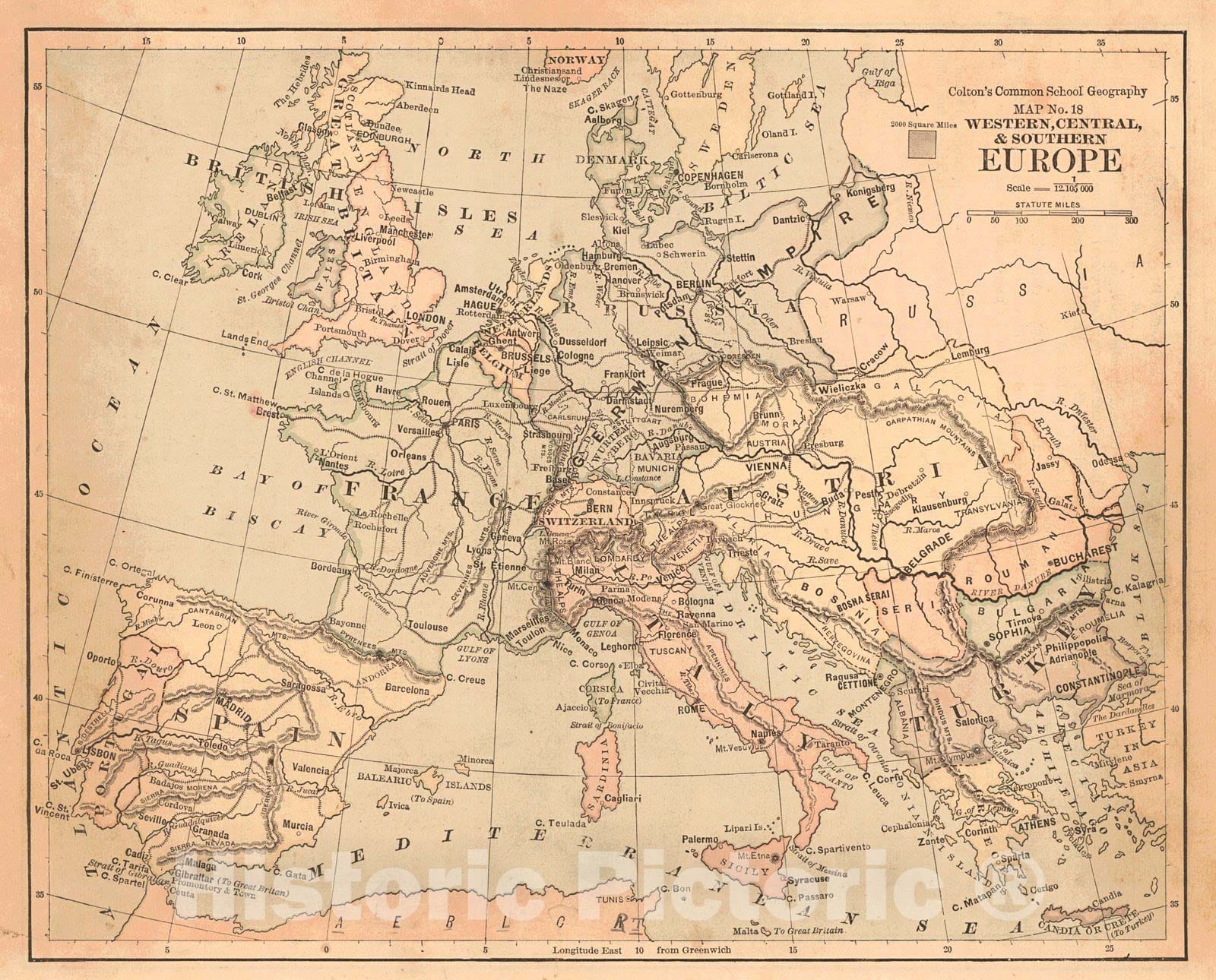 Historic Map : 1880  Western, Central, & Southern Europe  : Vintage Wall Art