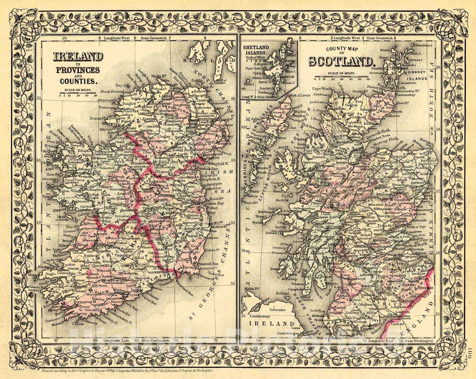 Historic Map : 1880 Ireland in Provinces and Counties; County Map of Scotland : Vintage Wall Art