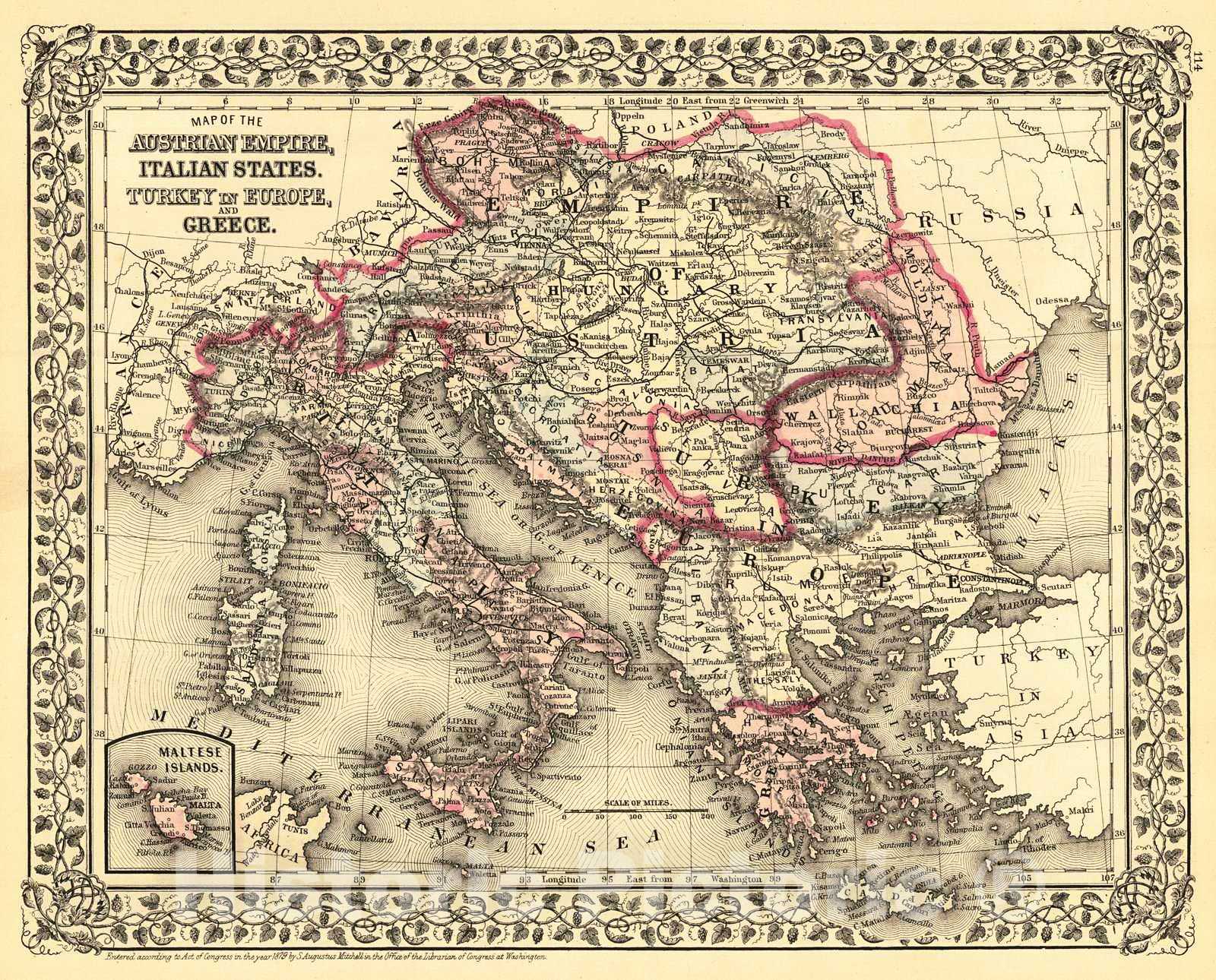 Historic Map : 1880 Map of the Austrian Empire, Italian States, Turkey in Europe and Greece : Vintage Wall Art