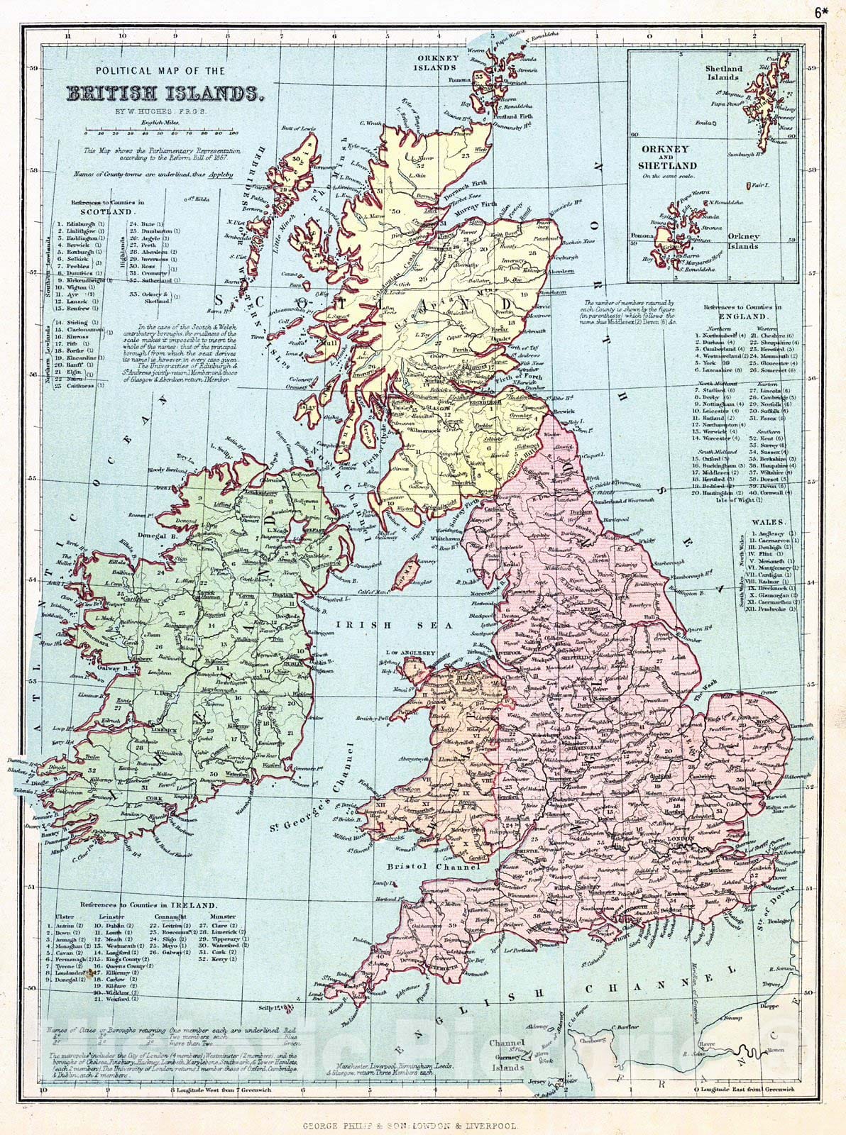 Historic Map : 1880 Political Map of the British Isles : Vintage Wall Art