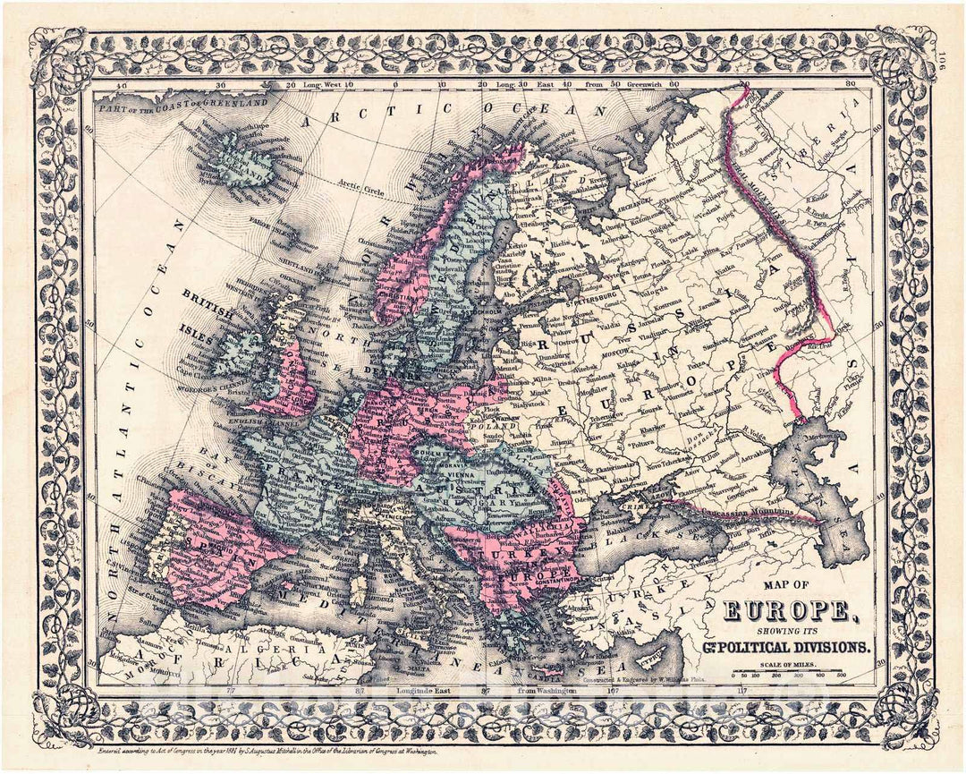 Historic Map : 1881 Map of Europe Showing Its Greater Political Divisions : Vintage Wall Art