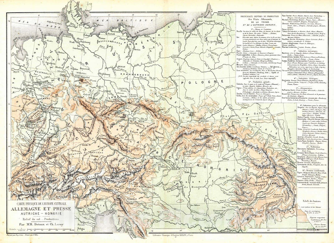 Historic Map : 1881 Carte Physique de L'Europe Centrale Allemagne et Prusse Autriche-Hongrie : Vintage Wall Art