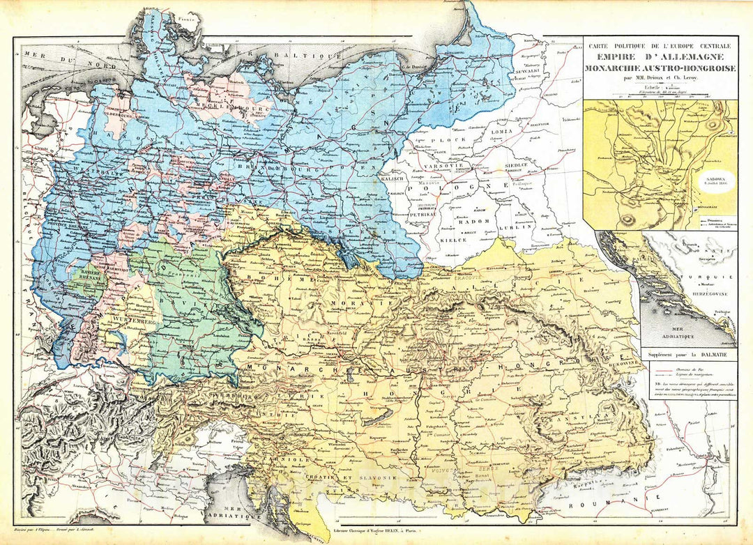 Historic Map : 1881 Carte Politique de L'Europe Centrale Empire D'Allemagne Monarchie Autriche-Hongroise : Vintage Wall Art