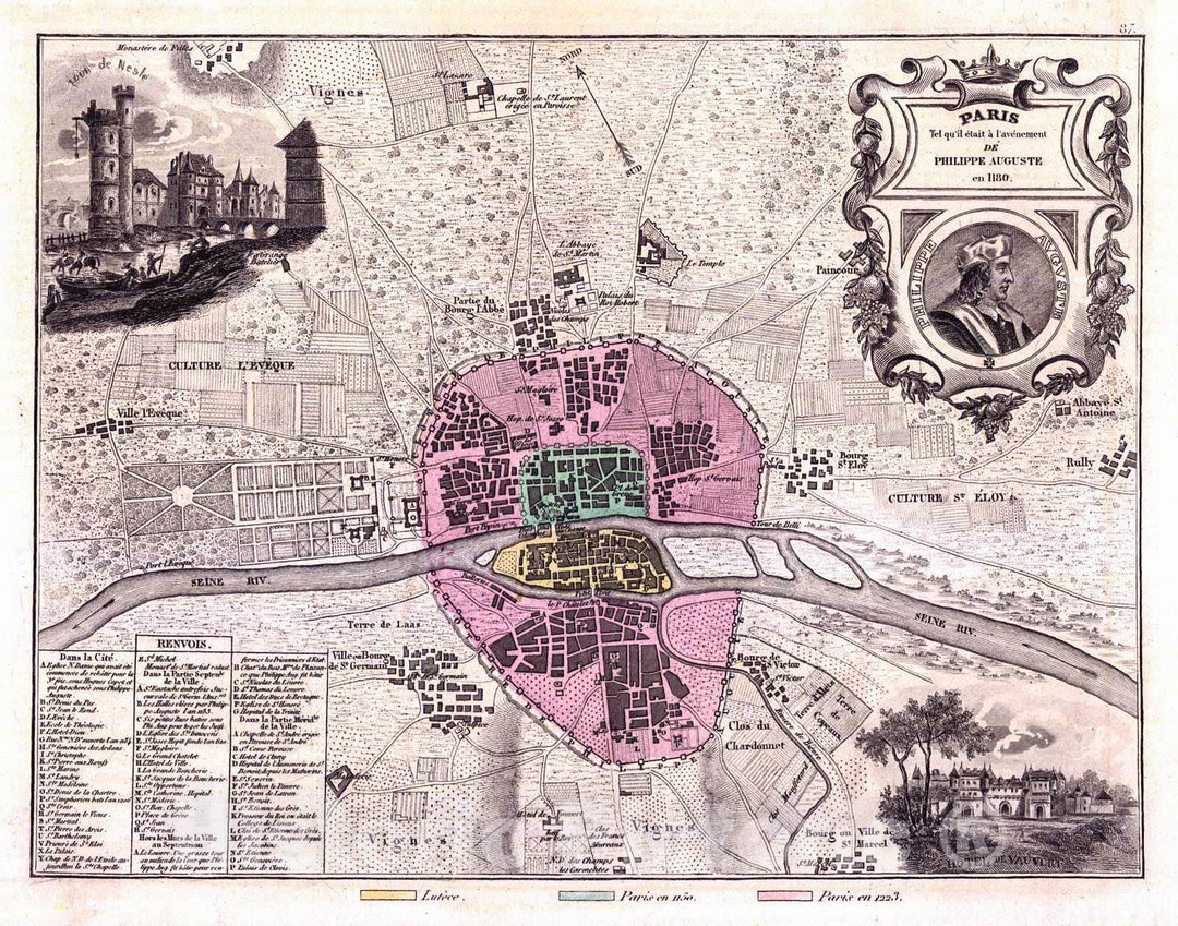 Historic Map : 1881 Paris Tel qu'il etait a l'av&eacute;nement de Philippe Auguste en 1180 : Vintage Wall Art