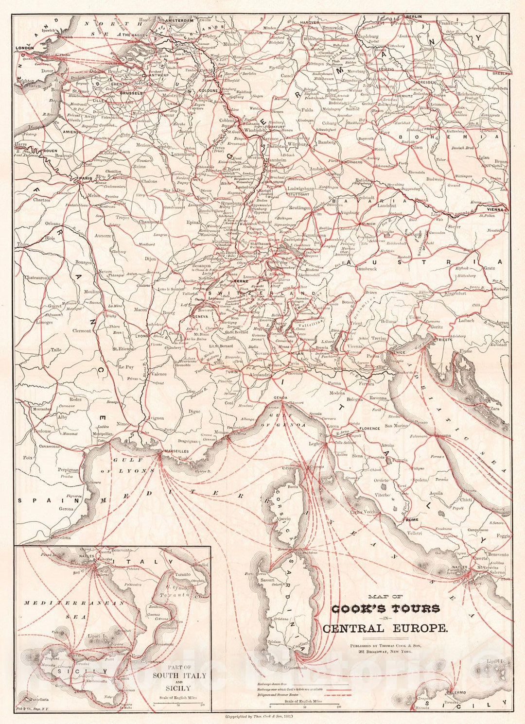 Historic Map : 1881 Map of Cook's Tour in Central Europe  : Vintage Wall Art