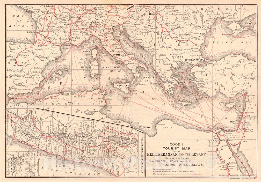 Historic Map : 1881 Cook's Tourist Map of the Mediterranean and the Levant Showing the Routes from Europe to Egypt, The Nile, Palestinr, Turkey, Greece : Vintage Wall Art