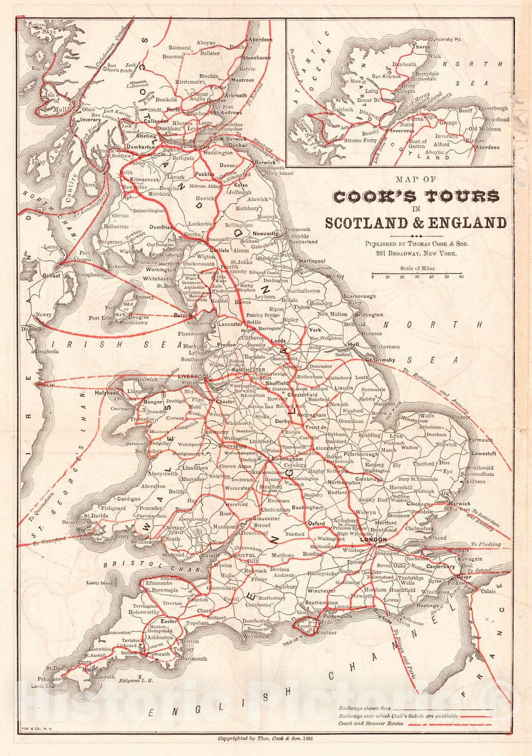 Historic Map : 1881 Map of Cook's Tours in Scottland & England : Vintage Wall Art