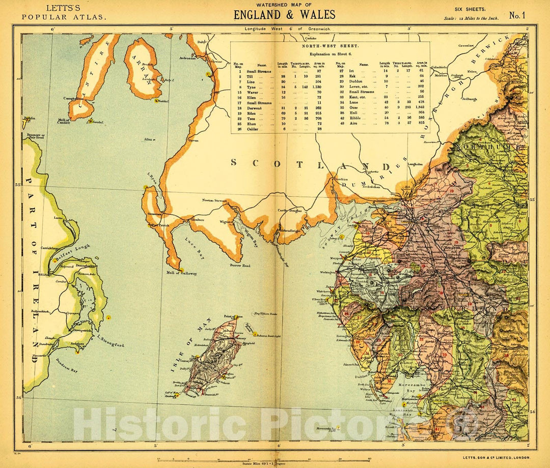 Historic Map : 1884 Watershed Map of England and Wales : Vintage Wall Art