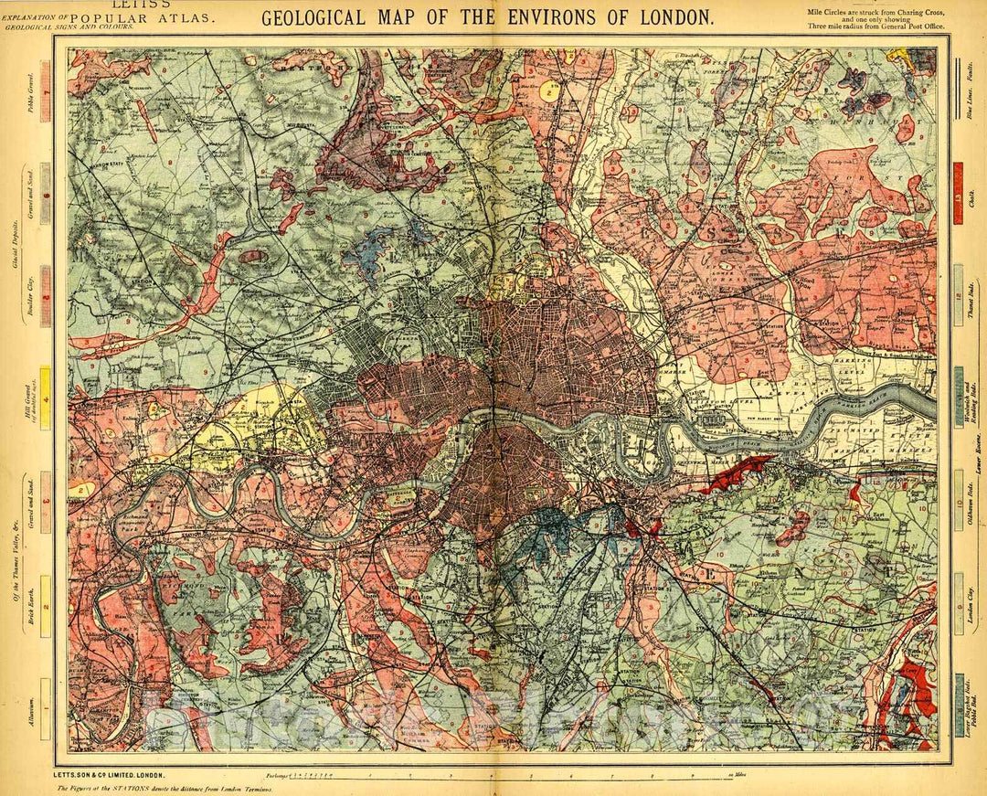 Historic Map : 1884 Geological Map of the Environs of London : Vintage Wall Art