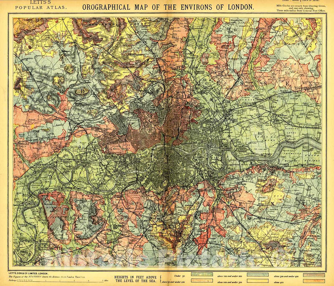 Historic Map : 1884 Orographical Map of the Environs of London : Vintage Wall Art