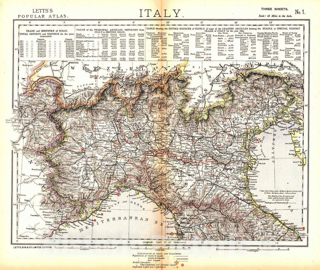 Historic Map : 1884 Italy : Vintage Wall Art