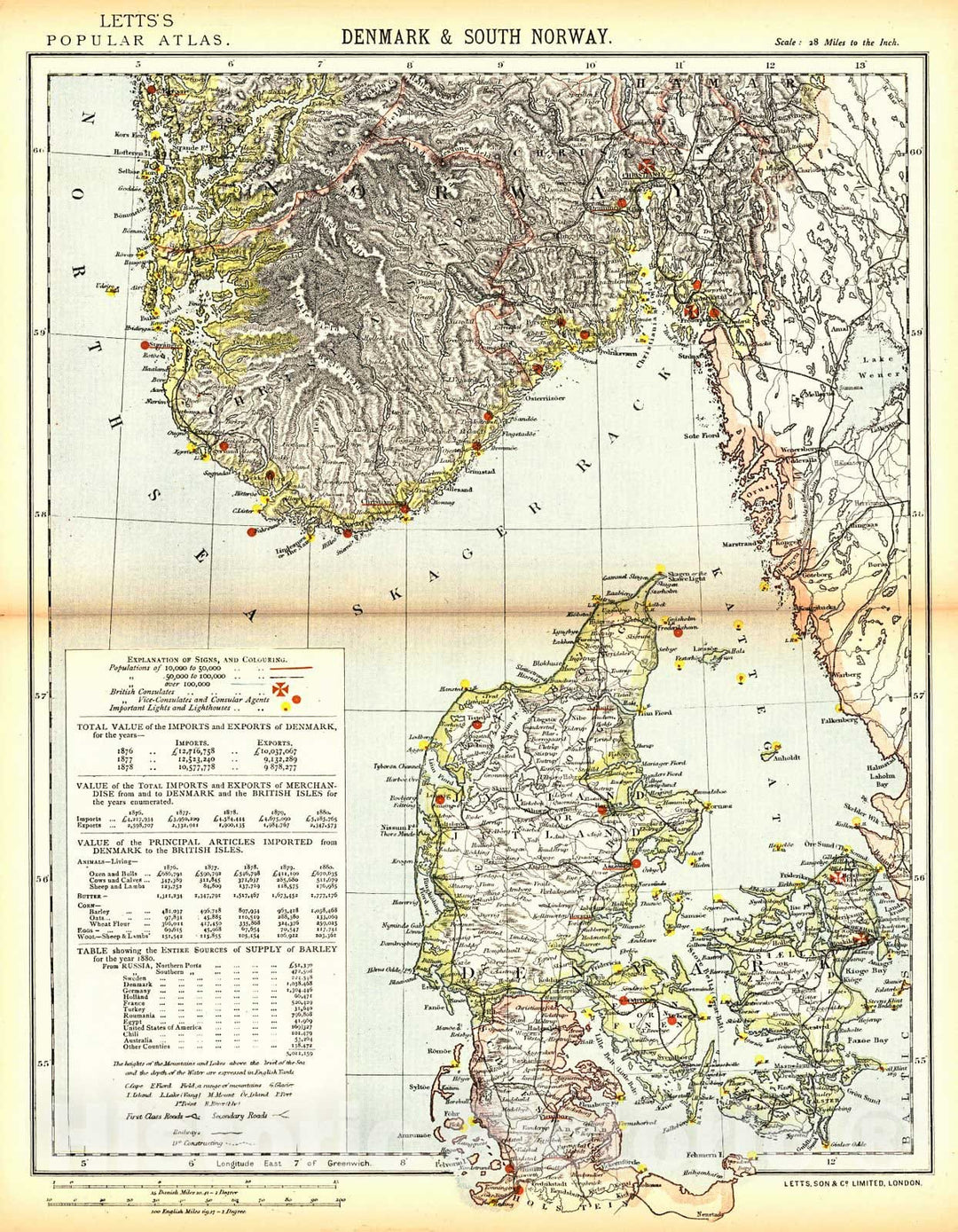 Historic Map : 1884 Denmark and South Norway : Vintage Wall Art