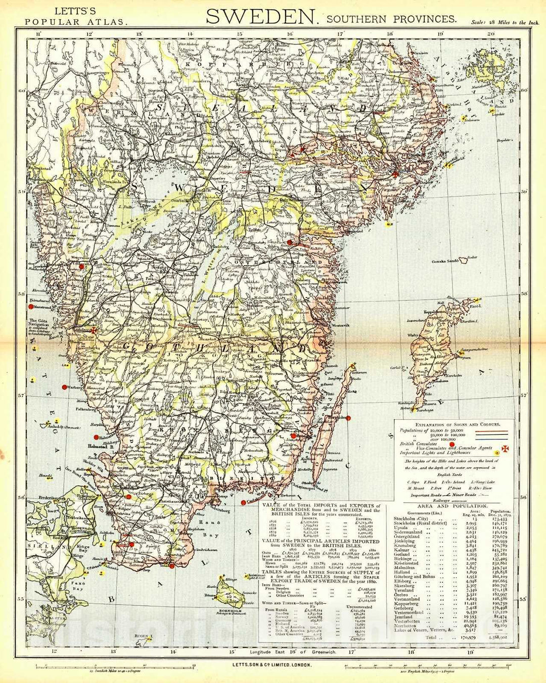 Historic Map : 1884 Sweden, Southern Provinces : Vintage Wall Art