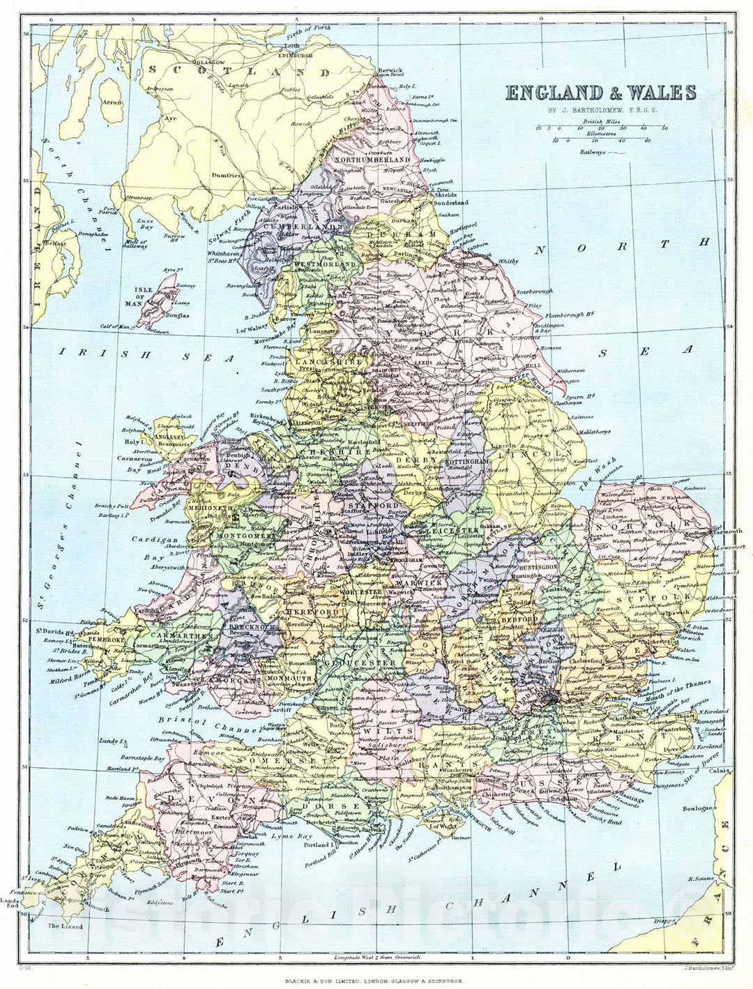 Historic Map : 1884 England and Wales : Vintage Wall Art