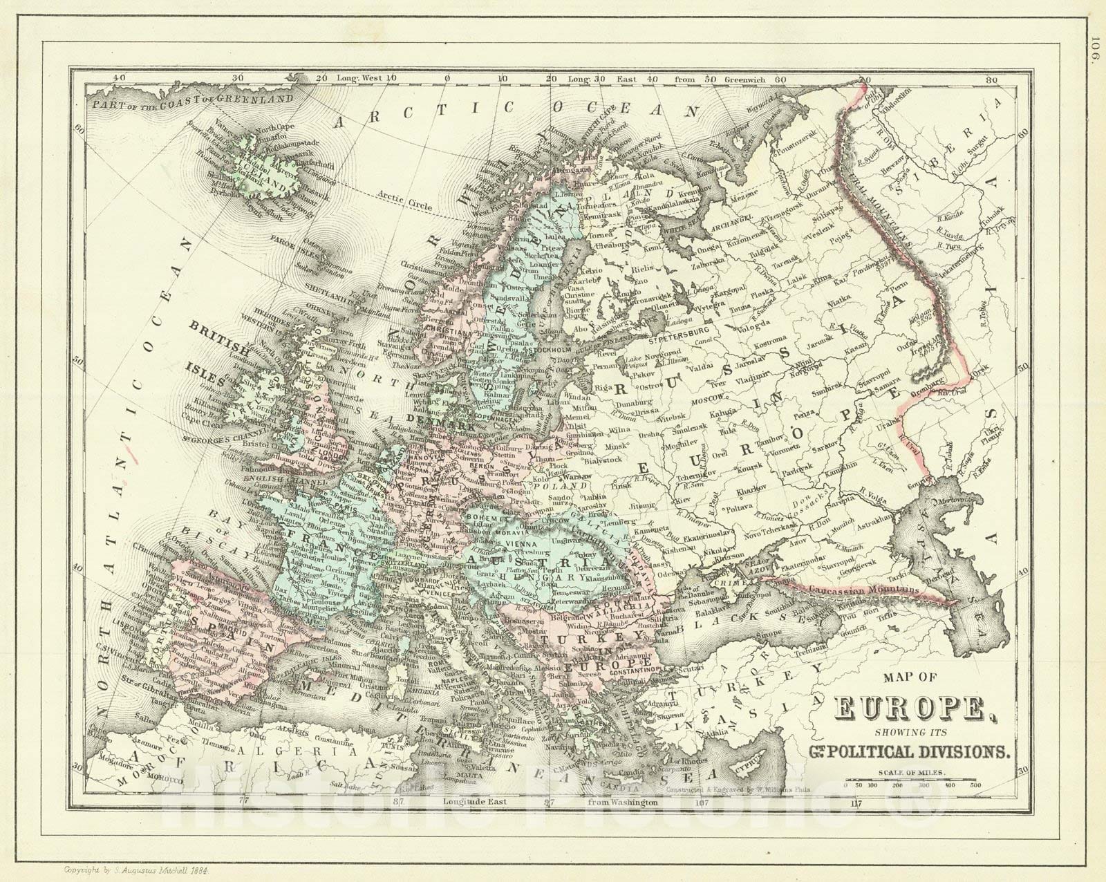 Historic Map : 1886 Map of Europe showing its greater political divisions : Vintage Wall Art