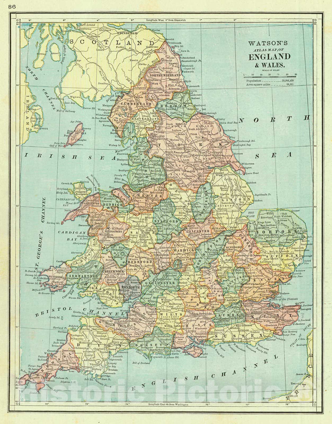 Historic Map : 1885 England and Wales : Vintage Wall Art