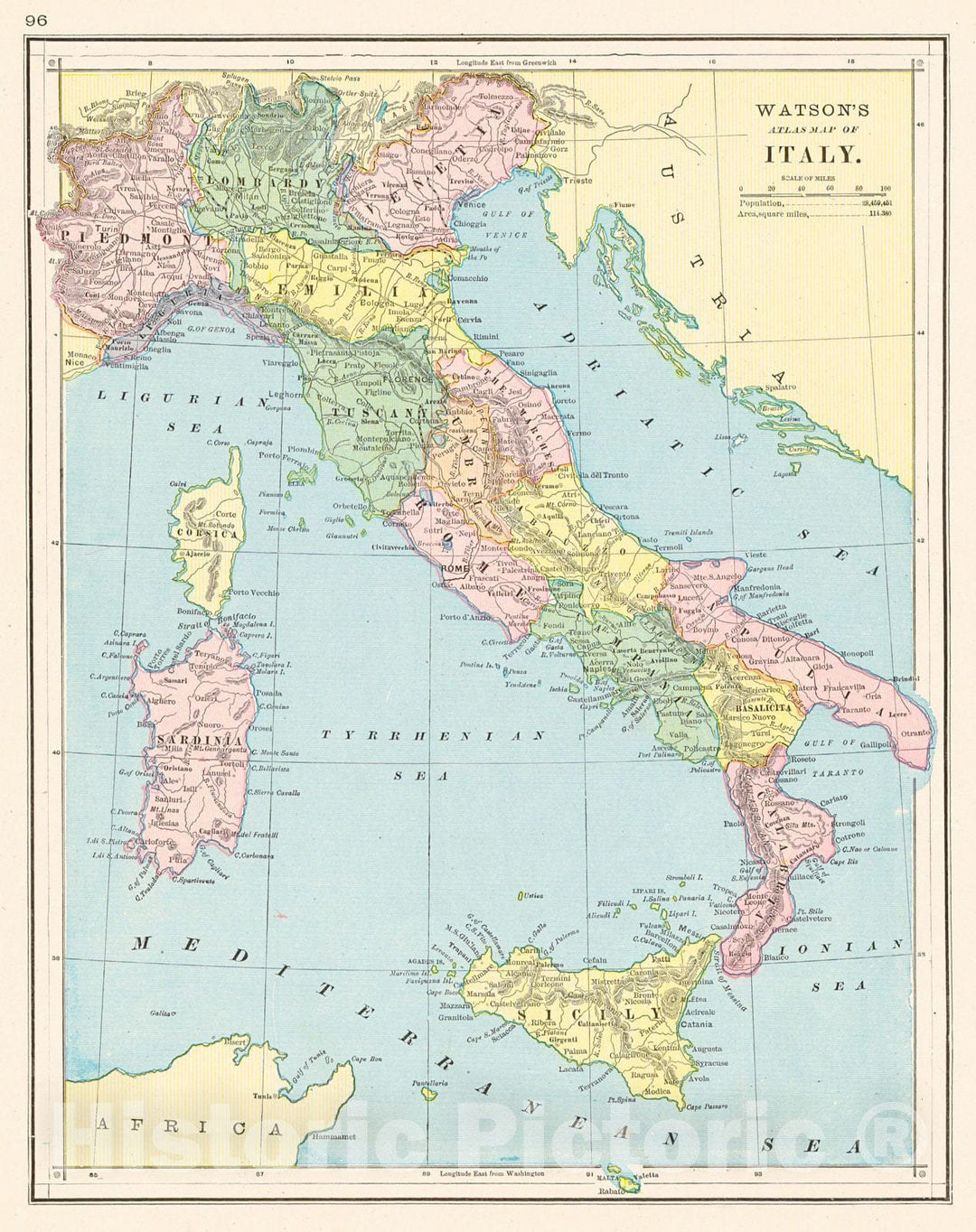 Historic Map : 1886 Watson's Atlas Map of Italy : Vintage Wall Art