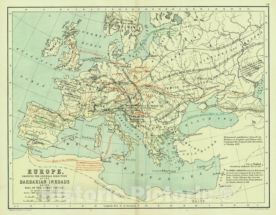 Historic Map : 1886 Europe showing the general direction of the Barbarian inroads on the fall of the Roman Empire : Vintage Wall Art