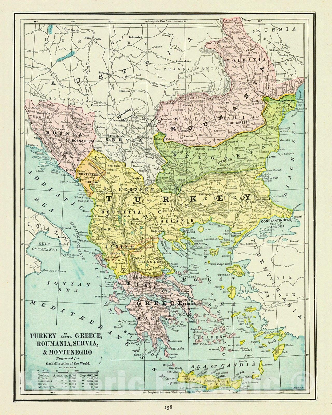 Historic Map : 1887 Turkey in Europe, Greece, Roumania, Servia, & Montenegro : Vintage Wall Art