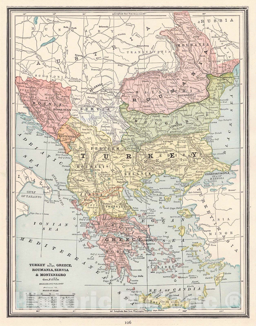 Historic Map : 1887 Turkey in Europe, Greece, Roumania, Servia & Montenegro : Vintage Wall Art