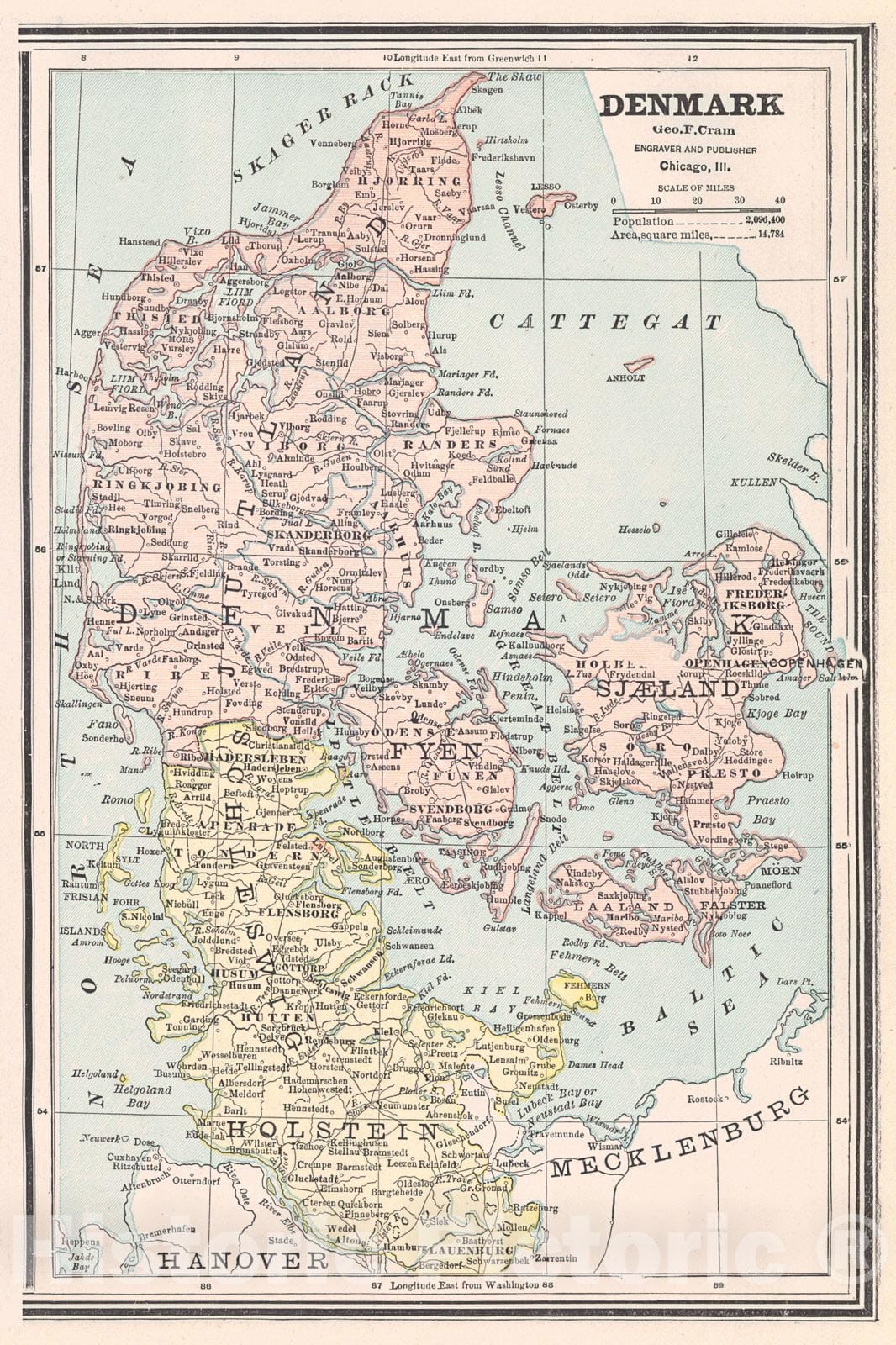 Historic Map : 1887 Denmark : Vintage Wall Art