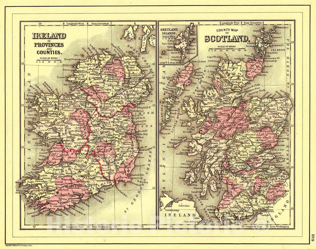 Historic Map : 1887 Ireland in Provinces and Counties; County Map of Scotland : Vintage Wall Art