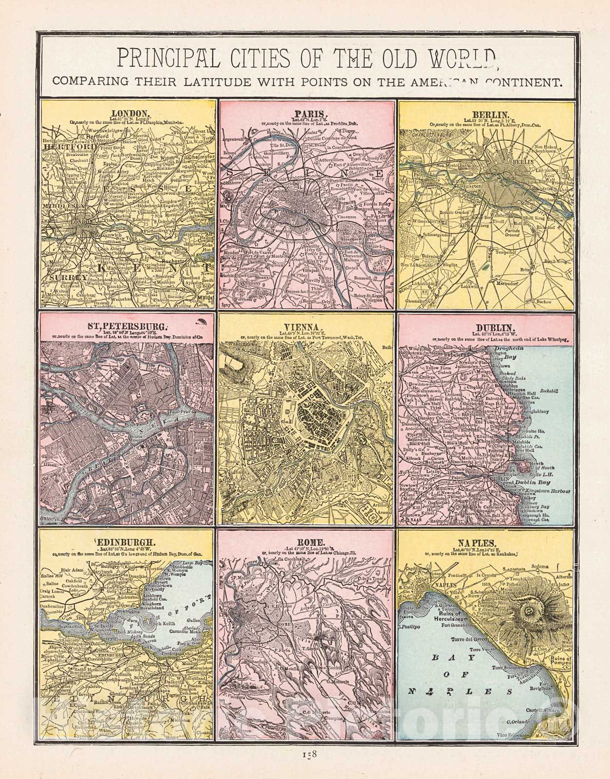 Historic Map : 1888 Principle Cities of the Old World, Comparing Their Latitude With Point On The American Continent : Vintage Wall Art