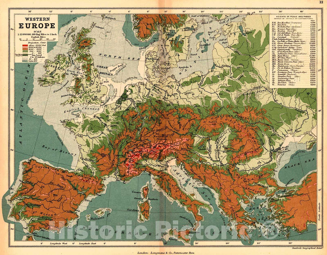 Historic Map : 1889 Western Europe : Vintage Wall Art