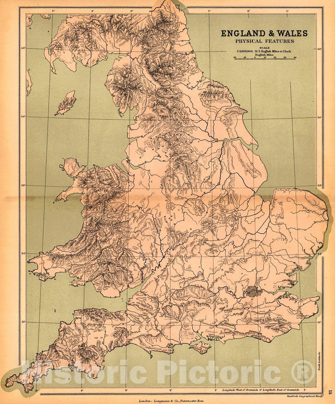 Historic Map : 1889 England and Wales, Physical Features : Vintage Wall Art