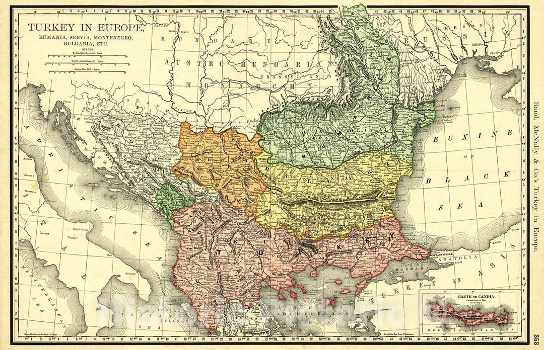 Historic Map : 1893 Turkey in Europe, Rumania, Servia, Montenegro, Bulgaria, etc. : Vintage Wall Art