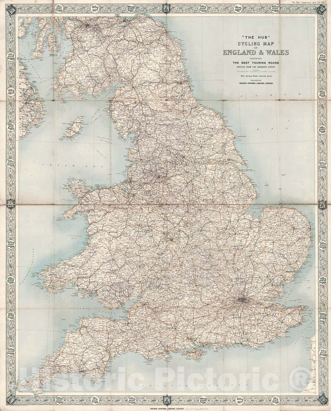 Historic Map : 1897 &quot;The Hub&quot; Cycling Map of England and Wales : Vintage Wall Art