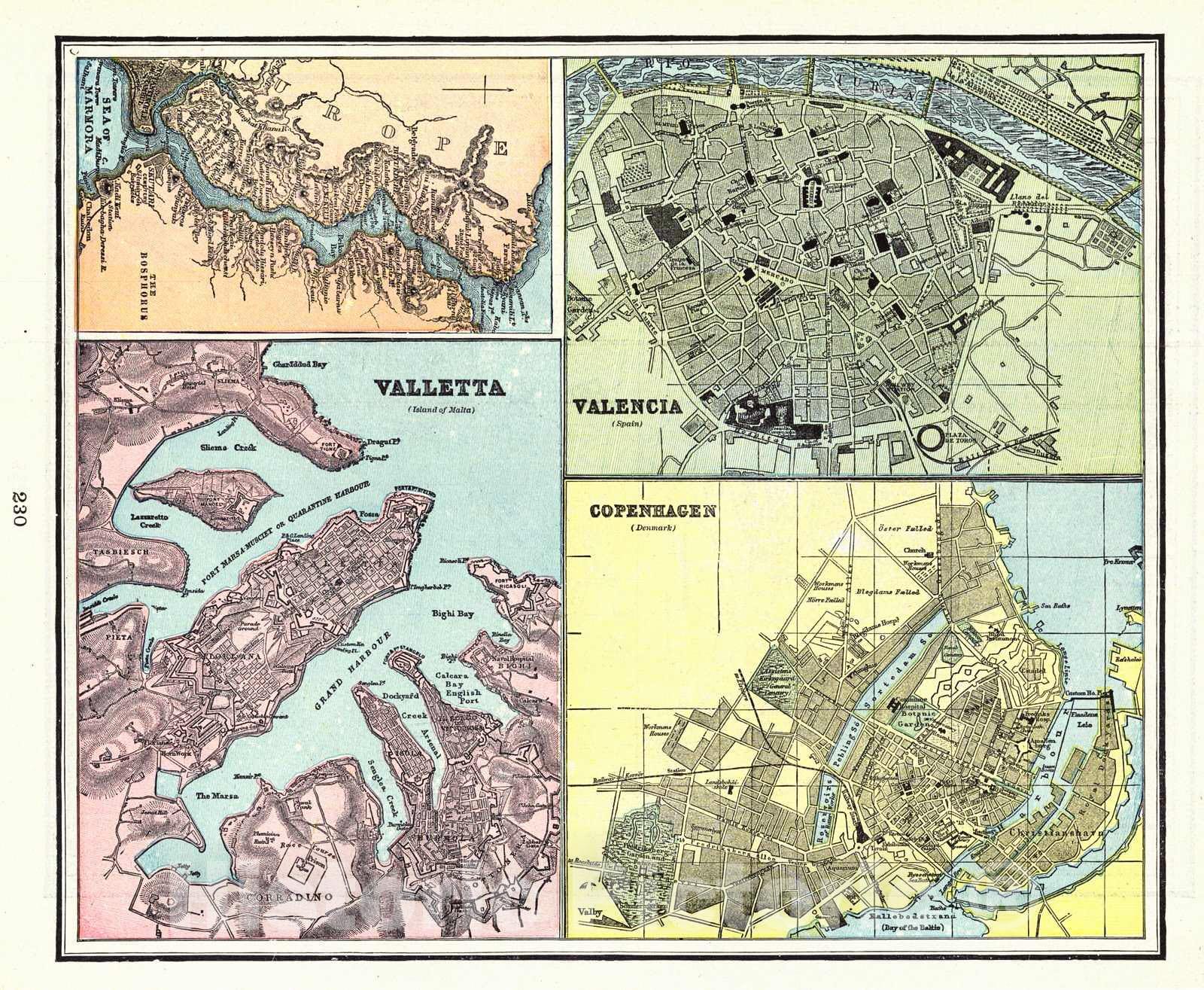 Historic Map : 1898 Copenhagen (Denmark), Valencia (Spain), Valetta (island of Malta), & the Bosphorus : Vintage Wall Art