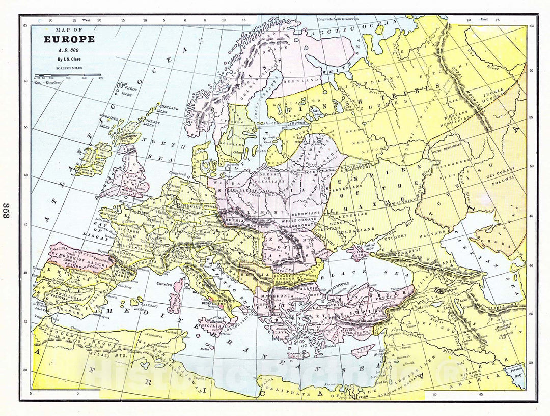 Historic Map : 1898 Map of Europe, A.D. 800 : Vintage Wall Art