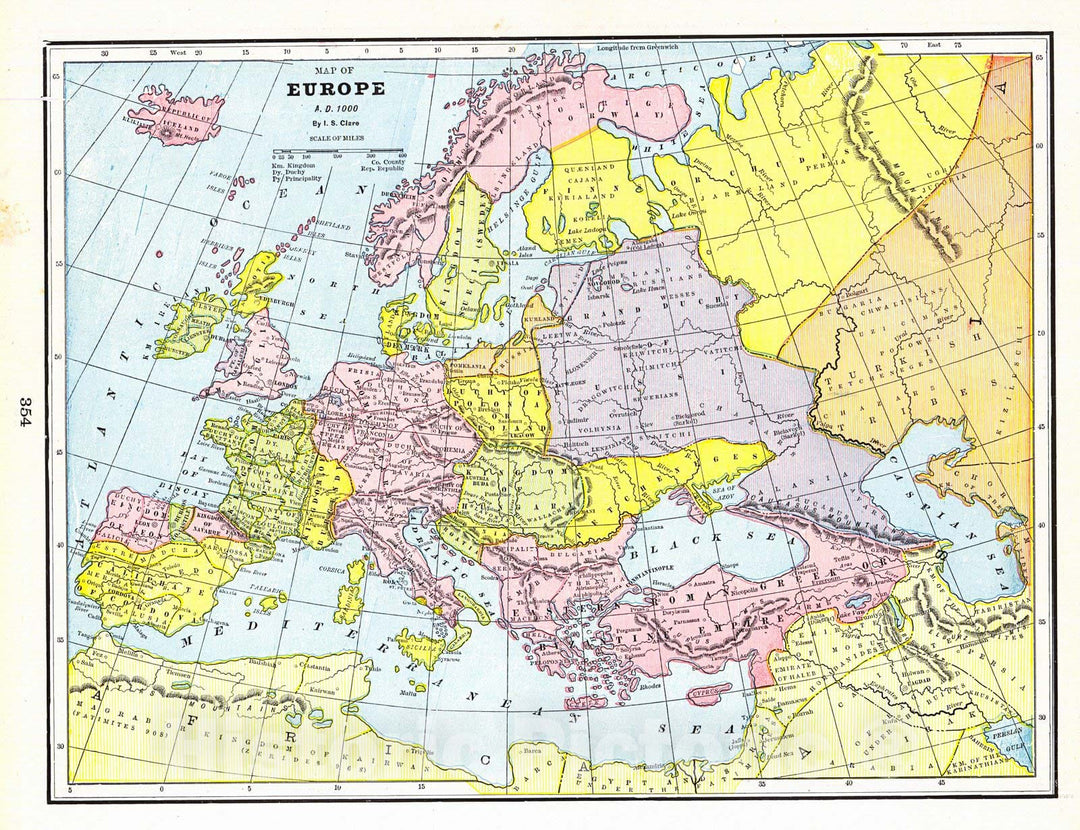 Historic Map : 1898 Map of Europe, A.D. 1000 : Vintage Wall Art