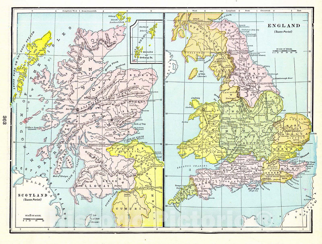 Historic Map : 1898 England, Saxon Period & Scotland, Saxon Period : Vintage Wall Art