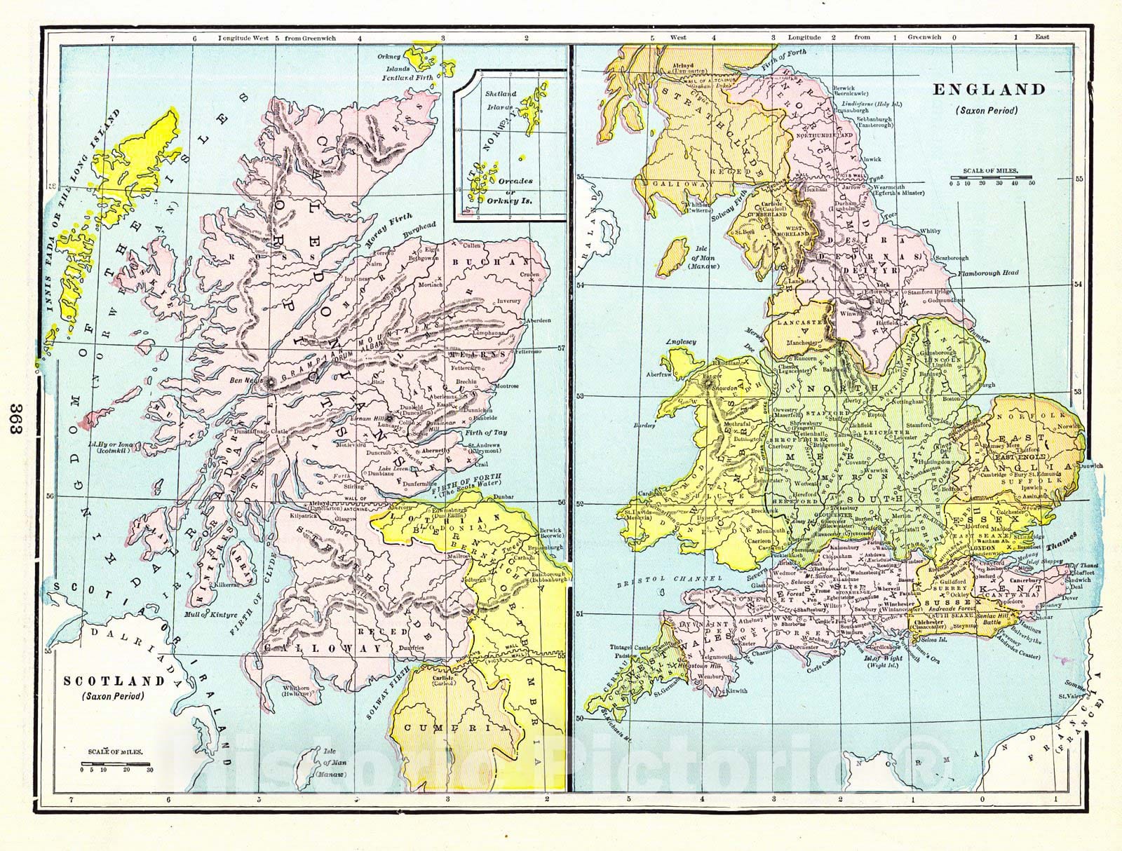 Historic Map : 1898 England, Saxon Period & Scotland, Saxon Period : Vintage Wall Art