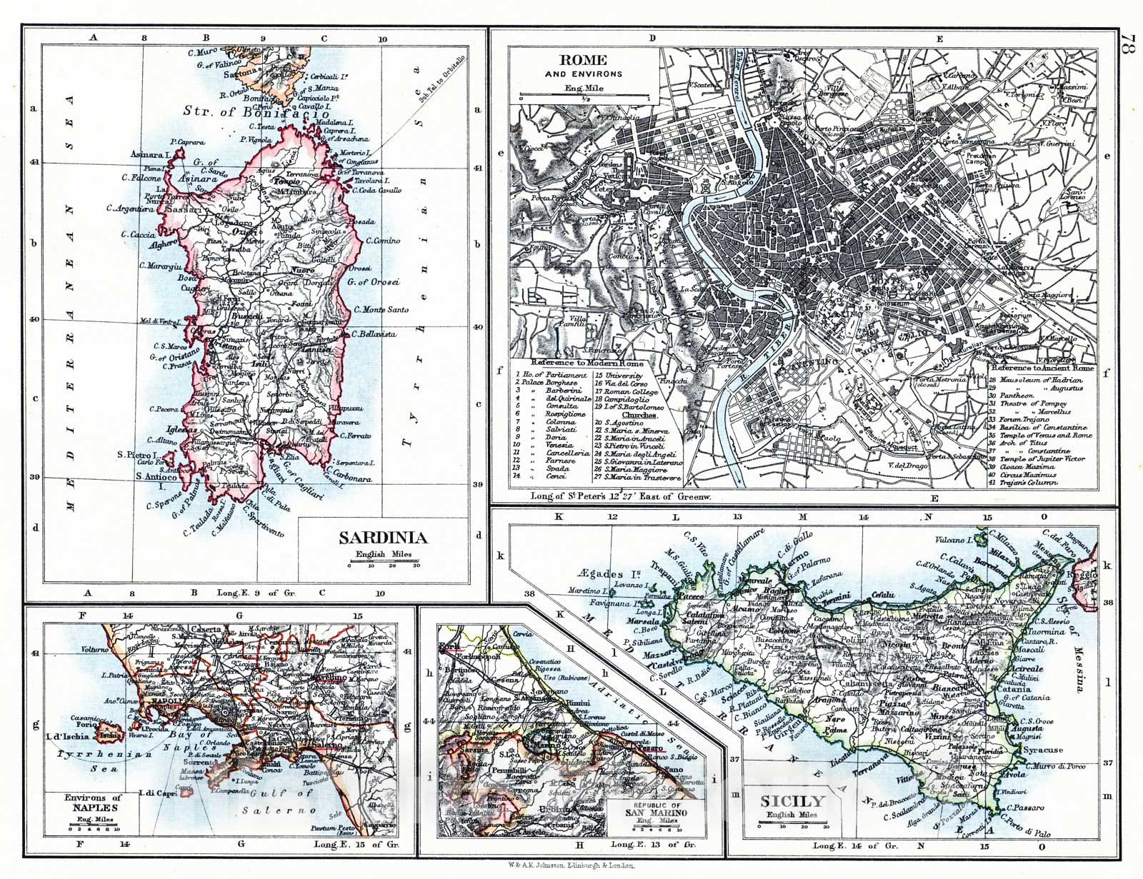 Historic Map : 1901 Sardinia; Rome and Environs; Environs of Naples; Republic of San Marino; Sicily : Vintage Wall Art