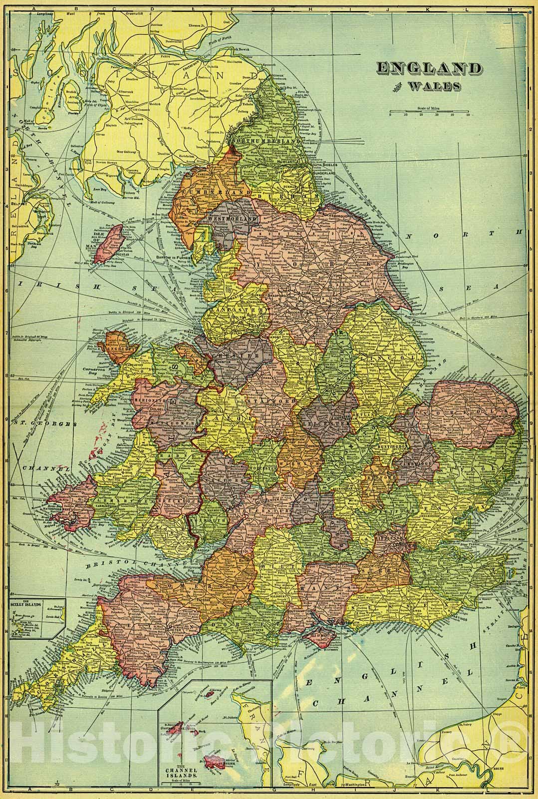 Historic Map : 1907 England and Wales : Vintage Wall Art