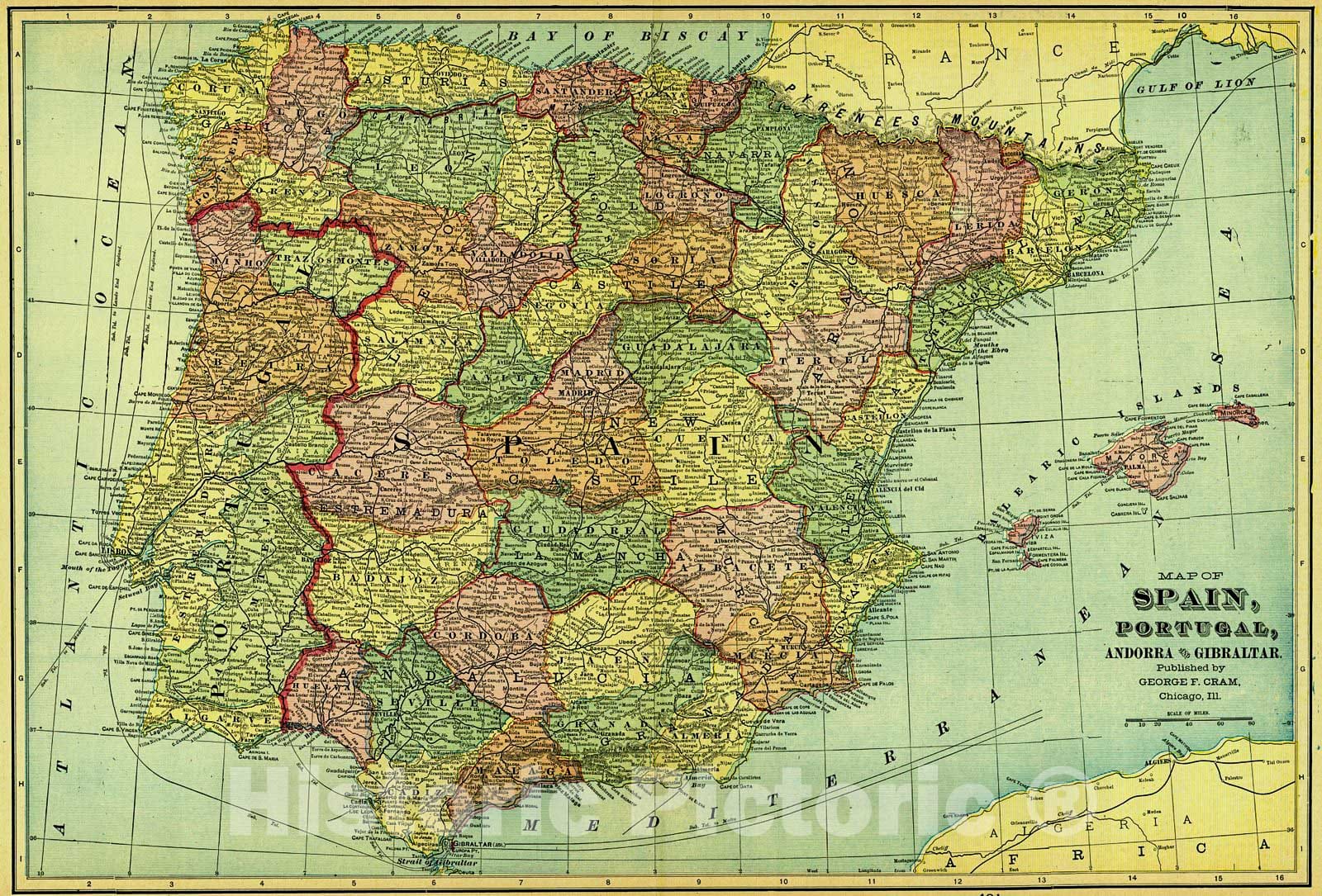 Historic Map : 1907 Map of Spain, Portugal, Andorra and Gibraltar : Vintage Wall Art