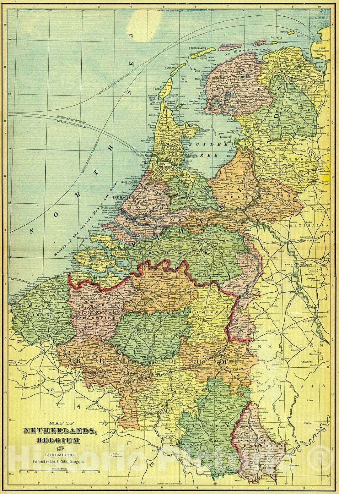 Historic Map : 1907 Map of Netherlands, Belgium and Luxemburg  : Vintage Wall Art