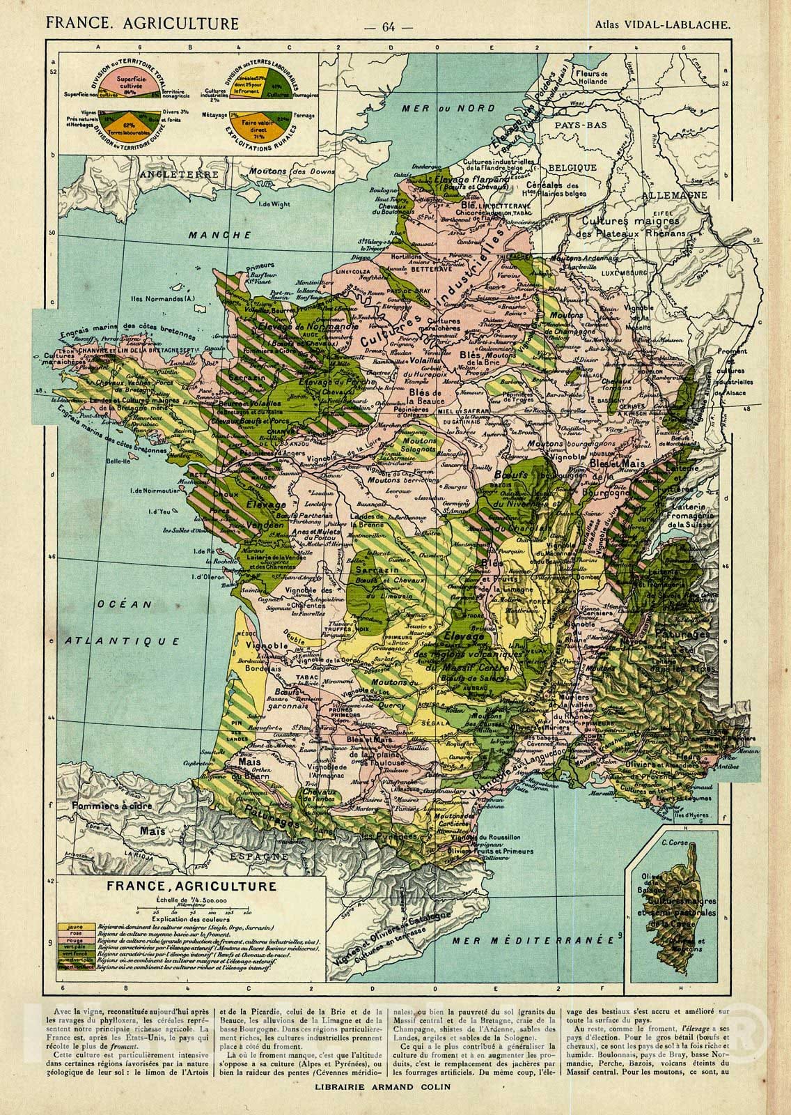 Historic Map : 1908 France, Agriculture : Vintage Wall Art