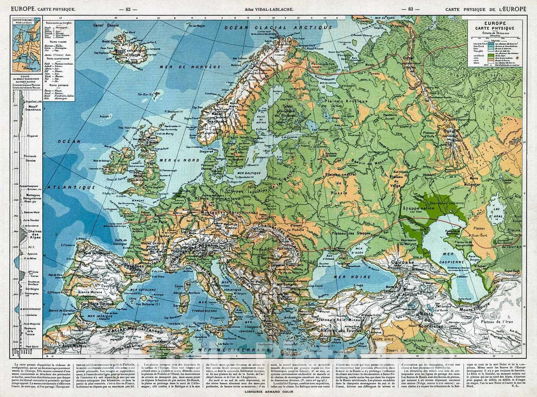 Historic Map : 1908 Europe Carte Physique : Vintage Wall Art