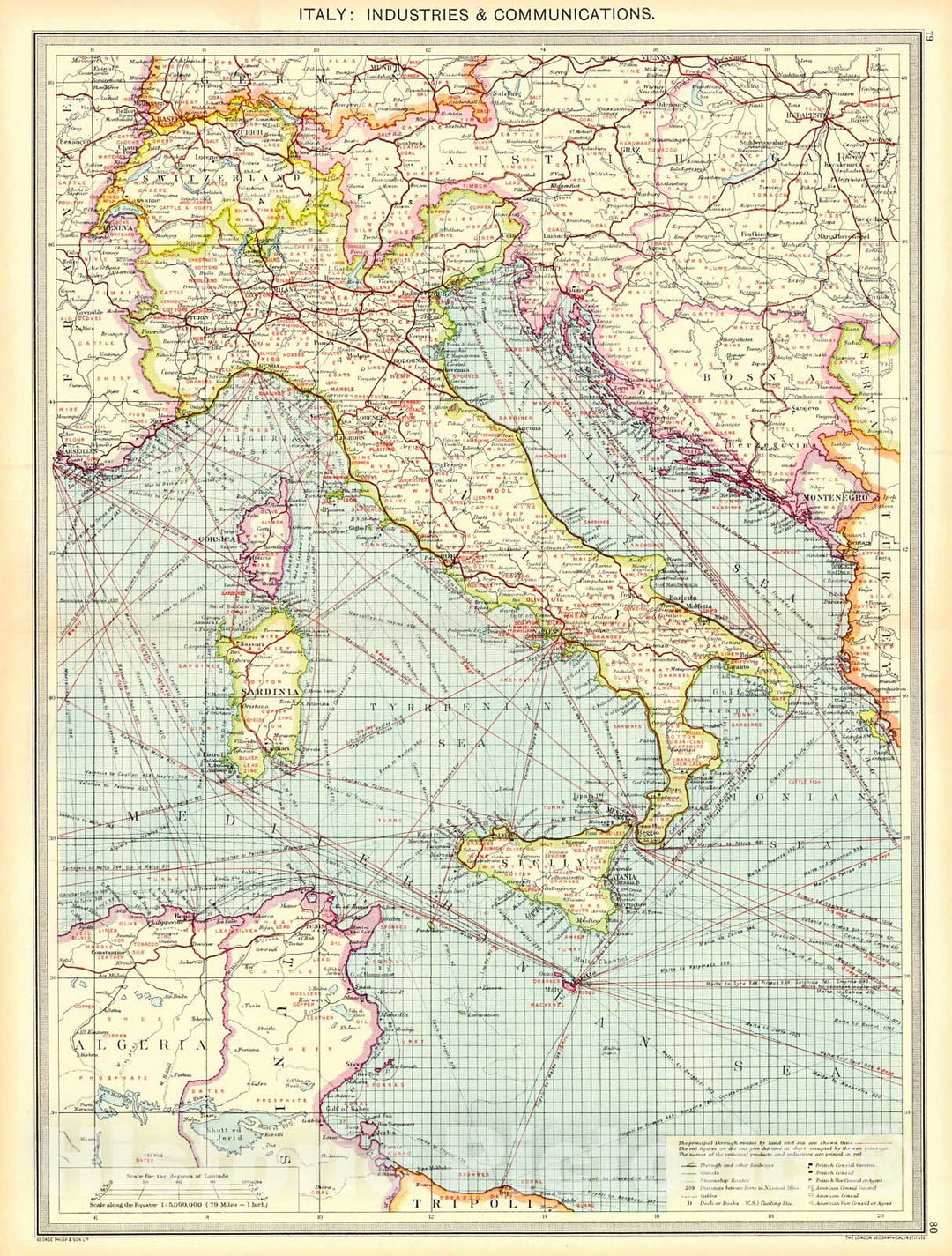 Historic Map : 1910 Italy: Industries and Communications : Vintage Wall Art