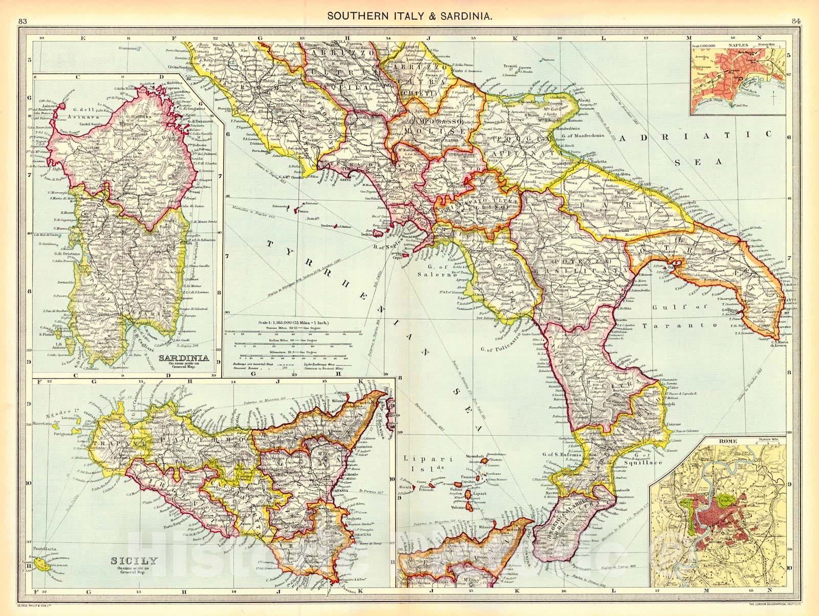 Historic Map : 1910 Southern Italy and Sardinia : Vintage Wall Art